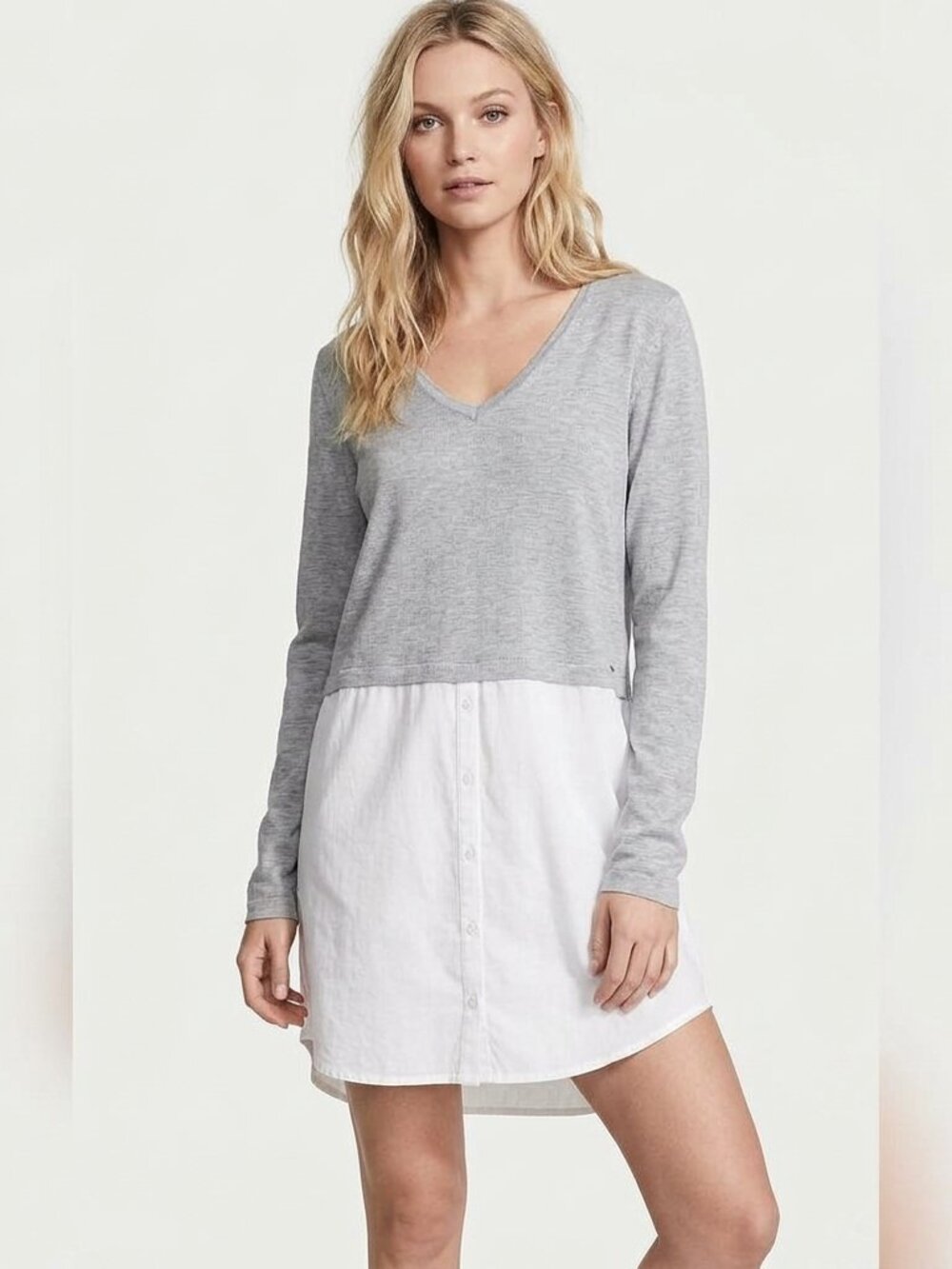 La Vie En Rose Size Small Summer Gray and White Button-Up Shirt Style Nightgown.